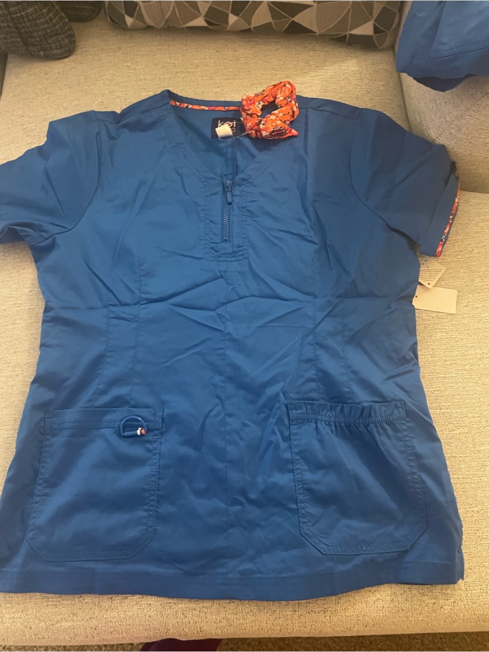 koi Royal Blue Scrub Top with Orange Accent